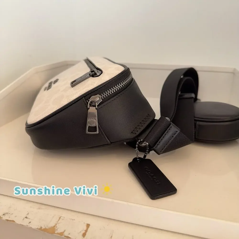 NWT Coach Elias Signature Canvas Belt Bag CZ400 Gunmetal/Chalk/Black